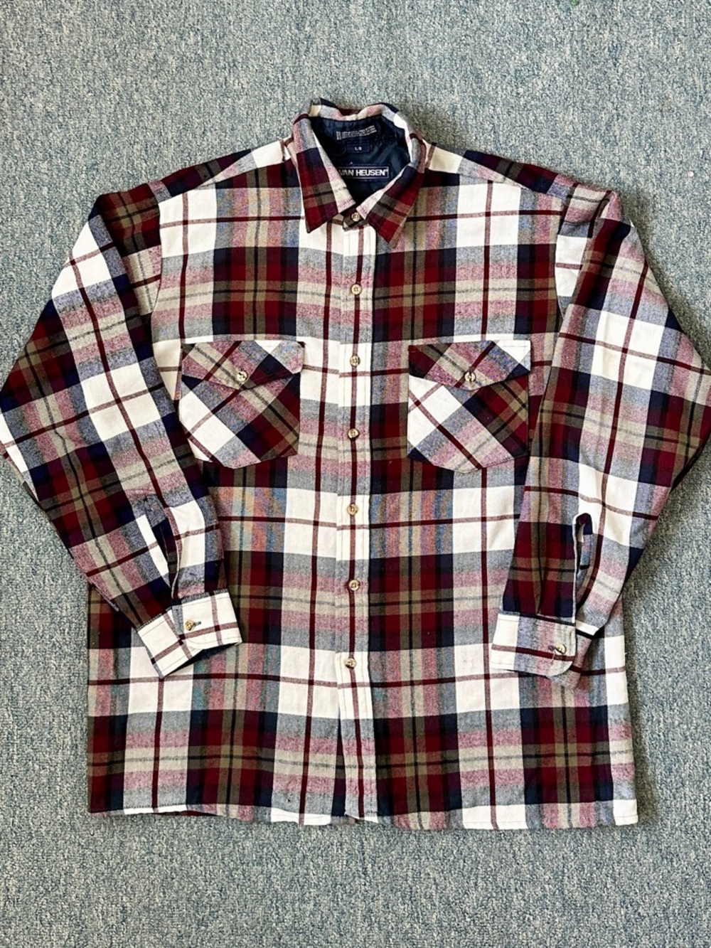 Van Heusen Vintage Men’s Burgundy, White & Navy Plaid Button-Down Shirt